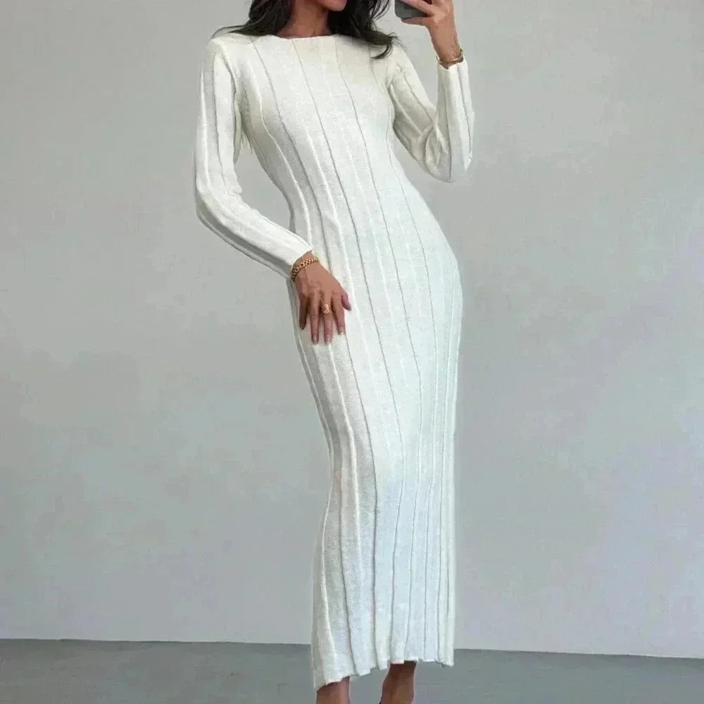 Beige Elegant Women's Crew Neck Long Warm & Comfortable Knit Casual Dress - Picture 6 of 7